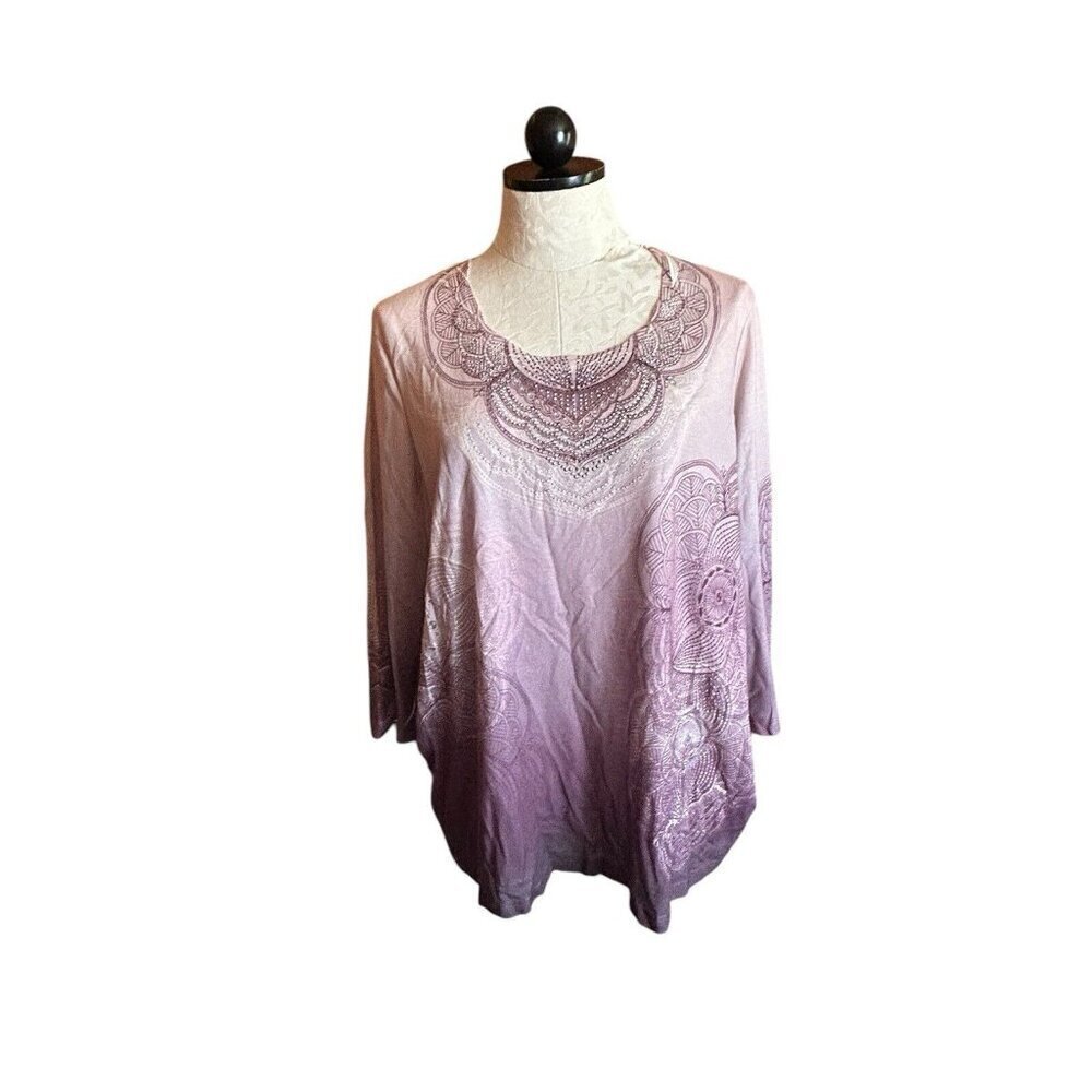 Chico's Women's 3/4 Sleeve Knit Blouse Purple Mandala Rhinestones Witchy 3 (L)